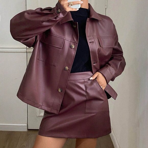 Burgundy Casual Women's Pu Jacket Coat & Mini Skirt coord set - Picture 1 of 6